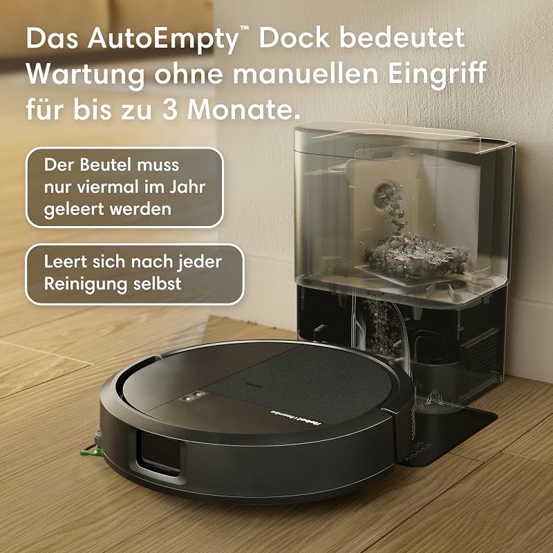 Roomba® 115 Combo Saug- und Wischroboter + AutoEmpty™ Dock, 15k Pa Saugleistung, Bürsten und Wischpad reichen, Navigation mit Clearview™ LiDAR, Schwarz
