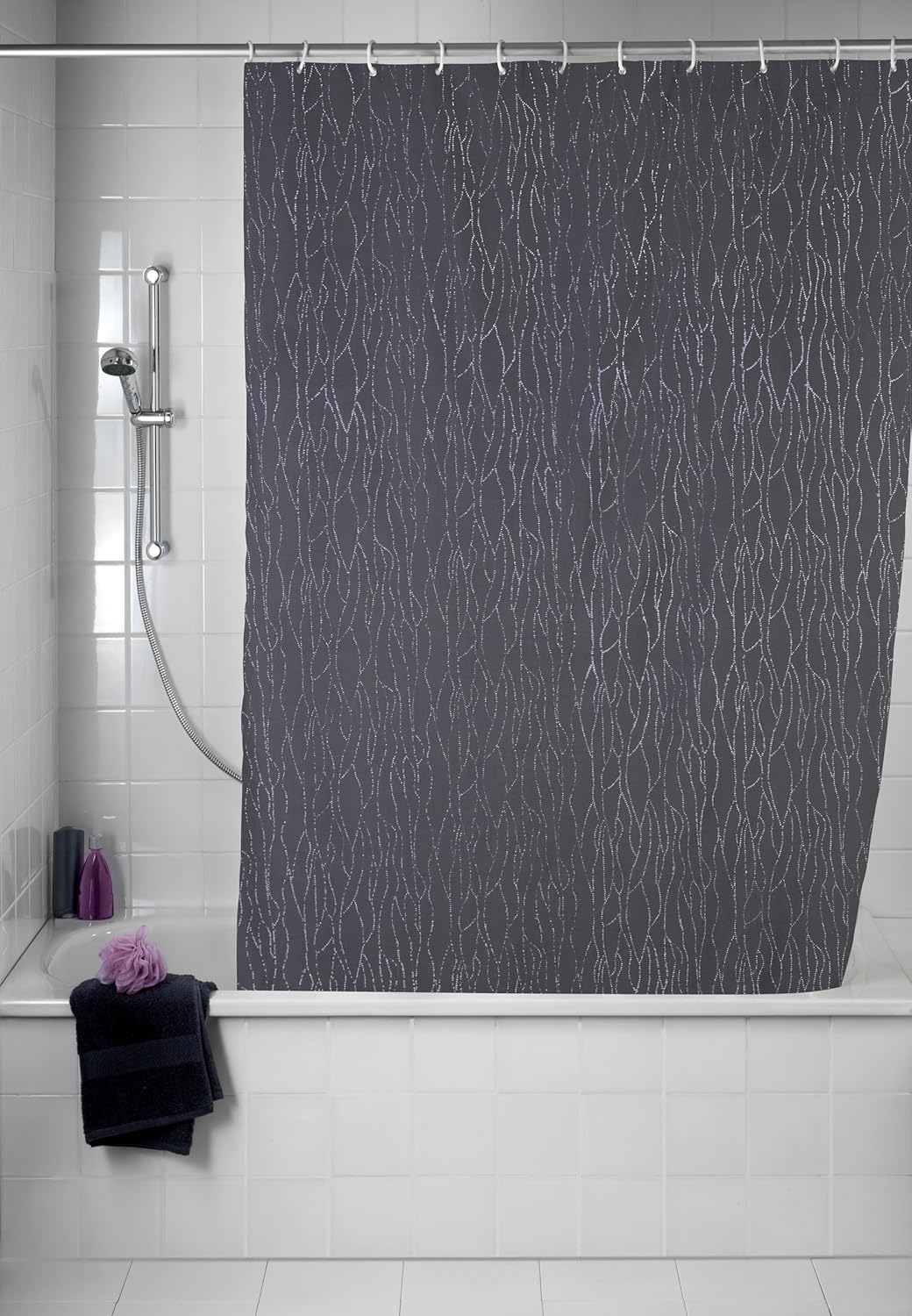 Wenko 21639100 Duschvorhang Deluxe Grau Mit Glanzenden Applikationen Waschbar Polyester 200 X 180 Cm Dunkelgrau Amazon De Kuche Haushalt