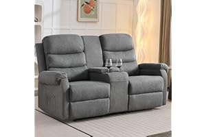 DRMBOOK Reclining Loveseat Sofa, Linen Fabric Double Reclining RV Loveseat Couch with Console, Manual 2 Person Recliner, 2 Seater Home Theater Seating with Cup Holders for Living Room (Grey)