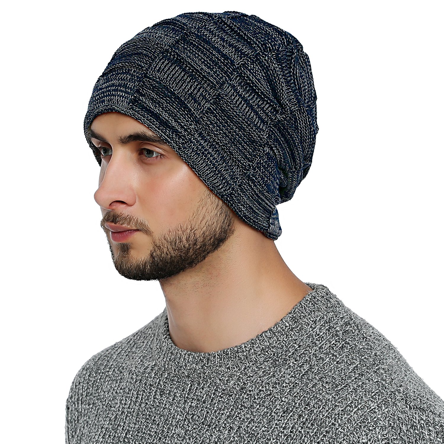 DonDon Beanie hat men Winter hat Knit knitted Long Slouch with fleece lining - Navy blue White