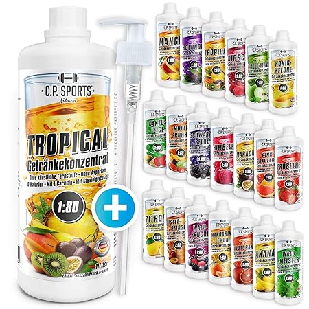 C.P. Sports Mineraldrink, Getränk 1:80 + Dosierpumpe, Getränkekonzentrat 1000ml, 2, 5, 10 Liter, Mineral Sirup, 20 Sorten, Vi