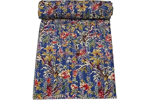 Marubhumi Indian Handmade Stitched Pure Cotton Bohemian Bird Print Kantha Quilt (Blue, Queen (90"x 108"))