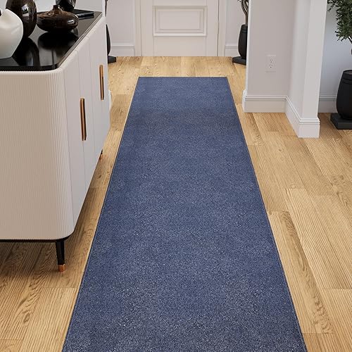 Ottomanson 2'7" x 28' Ultra-Thin Hallway Runner Rug - Durable Non-Slip Carpet for High-Traffic Areas - Fits Under Doors for Seamless Entry - Ideal for Kitchen, Entryway, Bedroom & Living Room, Navy