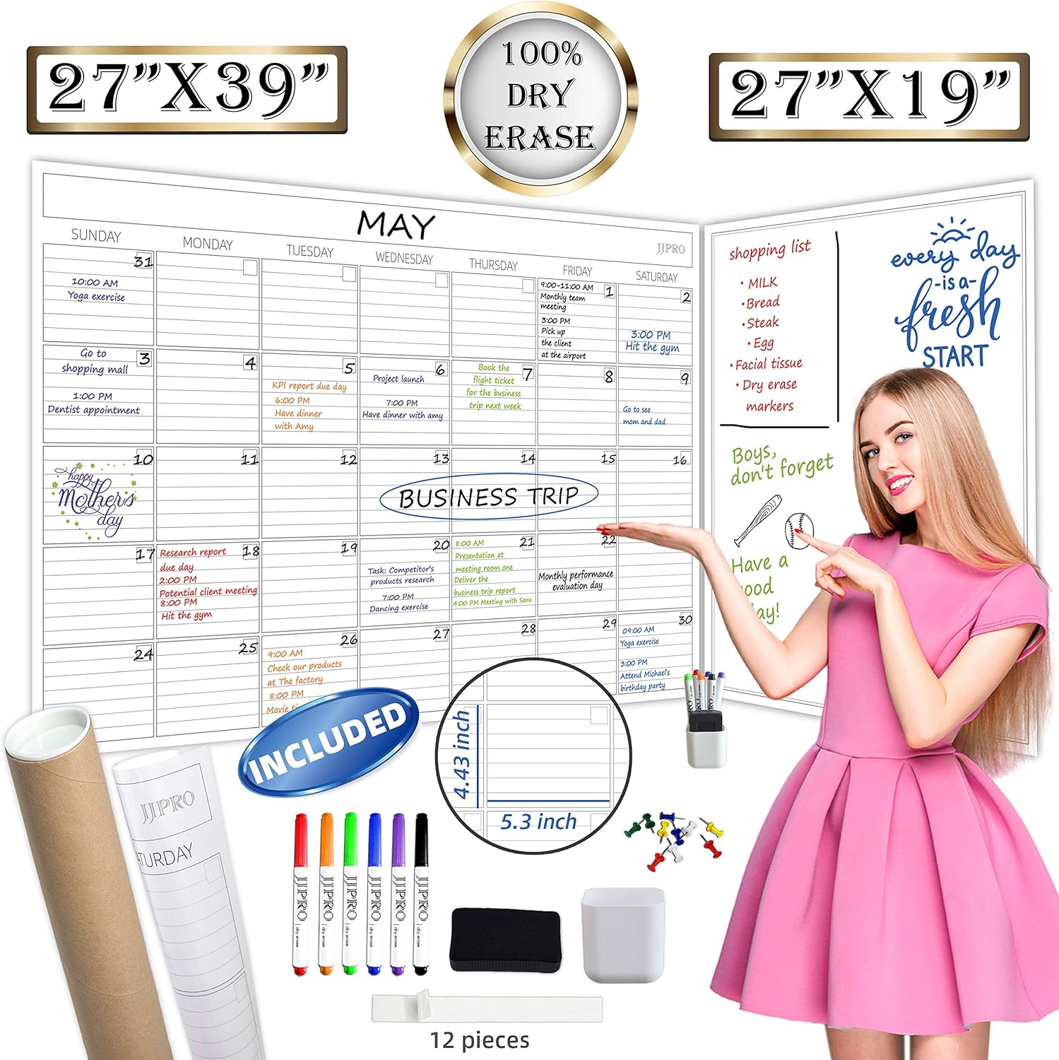 Jumbo Dry Erase Wall Calendar - 27"x39" Undated Blank Monthly Planner and 27"x19" Giant Dry Erase Whiteboard Poster Combo - Premium Laminated Reusable Calender 2020 2021 for Home,Office, Classroom