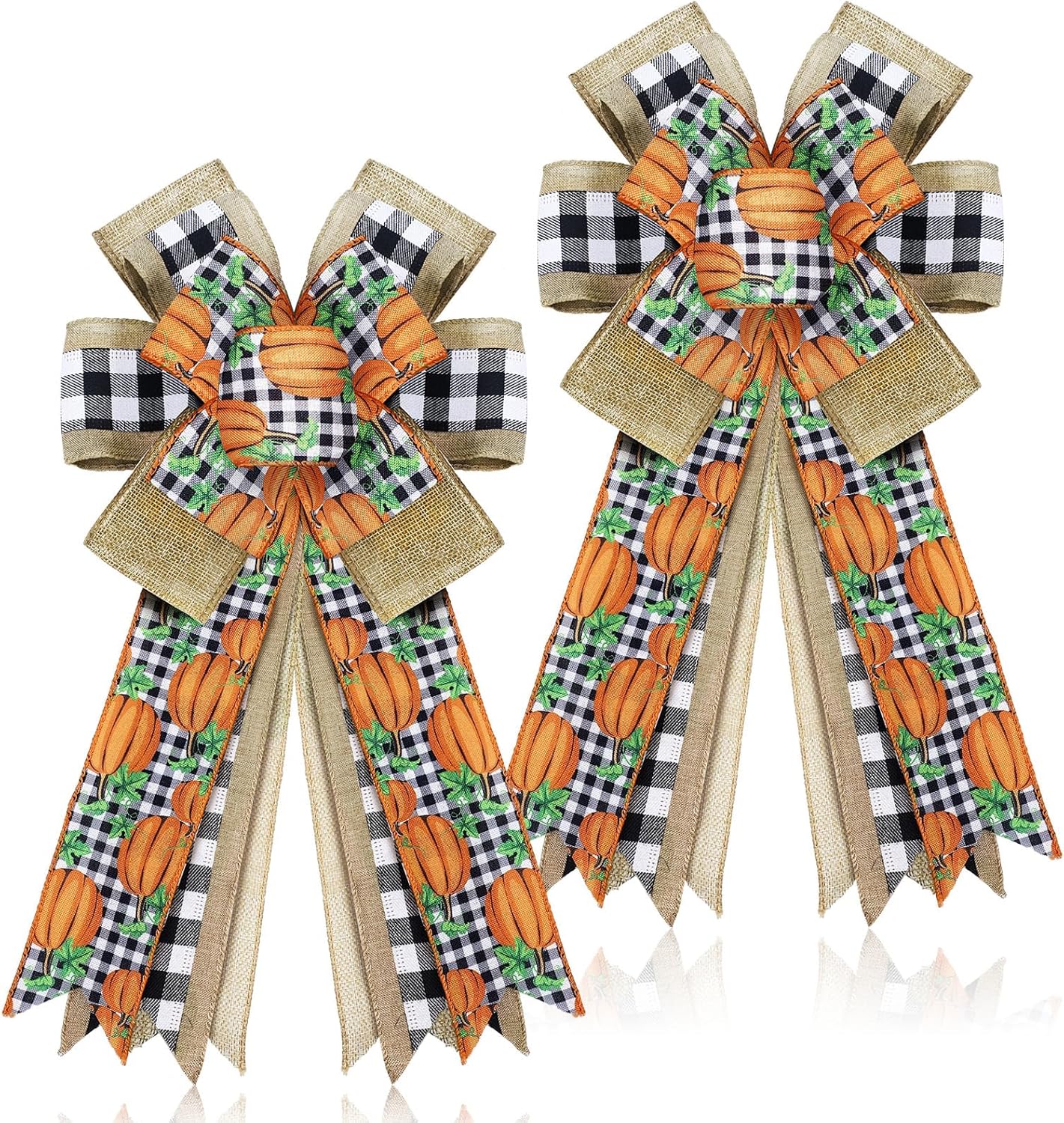 Bows & Ribbons - Zeyune 2 Pcs Large Fall Wreath Bows Thanksgiving Bows Pumpkin Maple Leaves Bows Plaid Burlap Bows for Wreaths, Fall Ribbon Bows Orange Buffalo Plaid Bow for Home Indoor Outdoor Decor 18 x 10 in