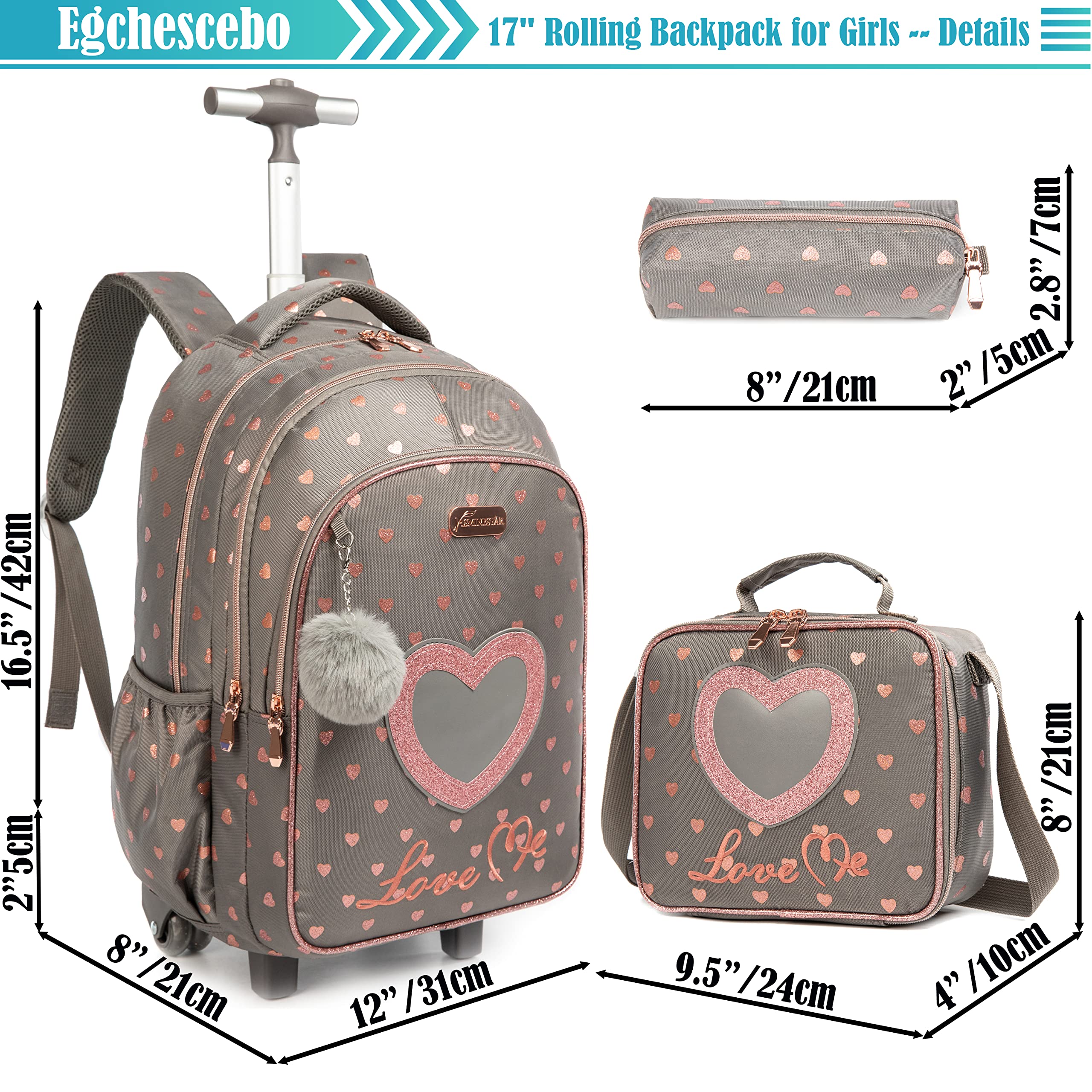 Egchescebo School Rolling Backpack For Kids - 3PCS