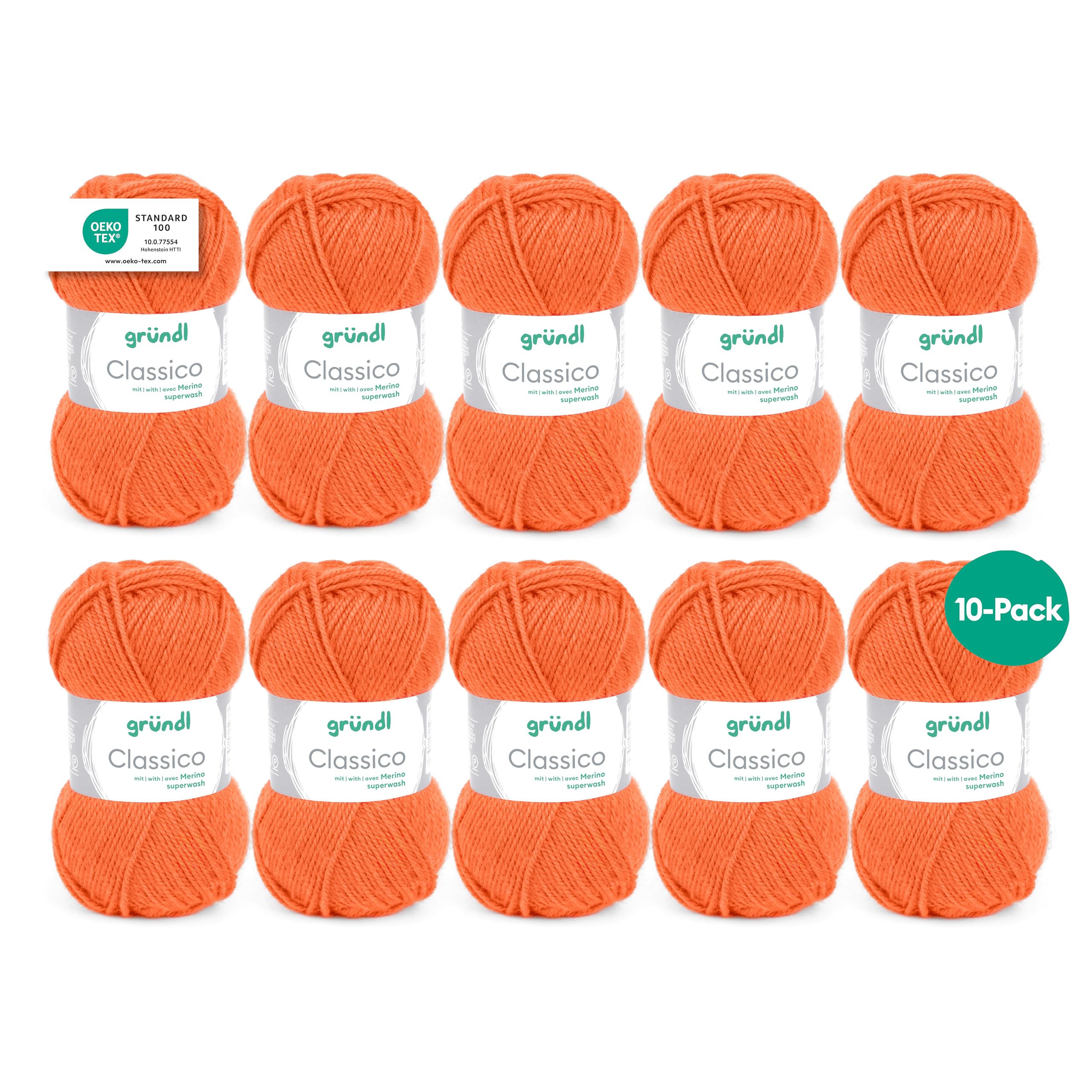 Gründl Classico Value Pack 10 Balls of Hand Knitting Yarn, Virgin Wool (Merino Superwash), 50% Polyacrylic, Orange, 30 x 32 x 8 cm, 1200