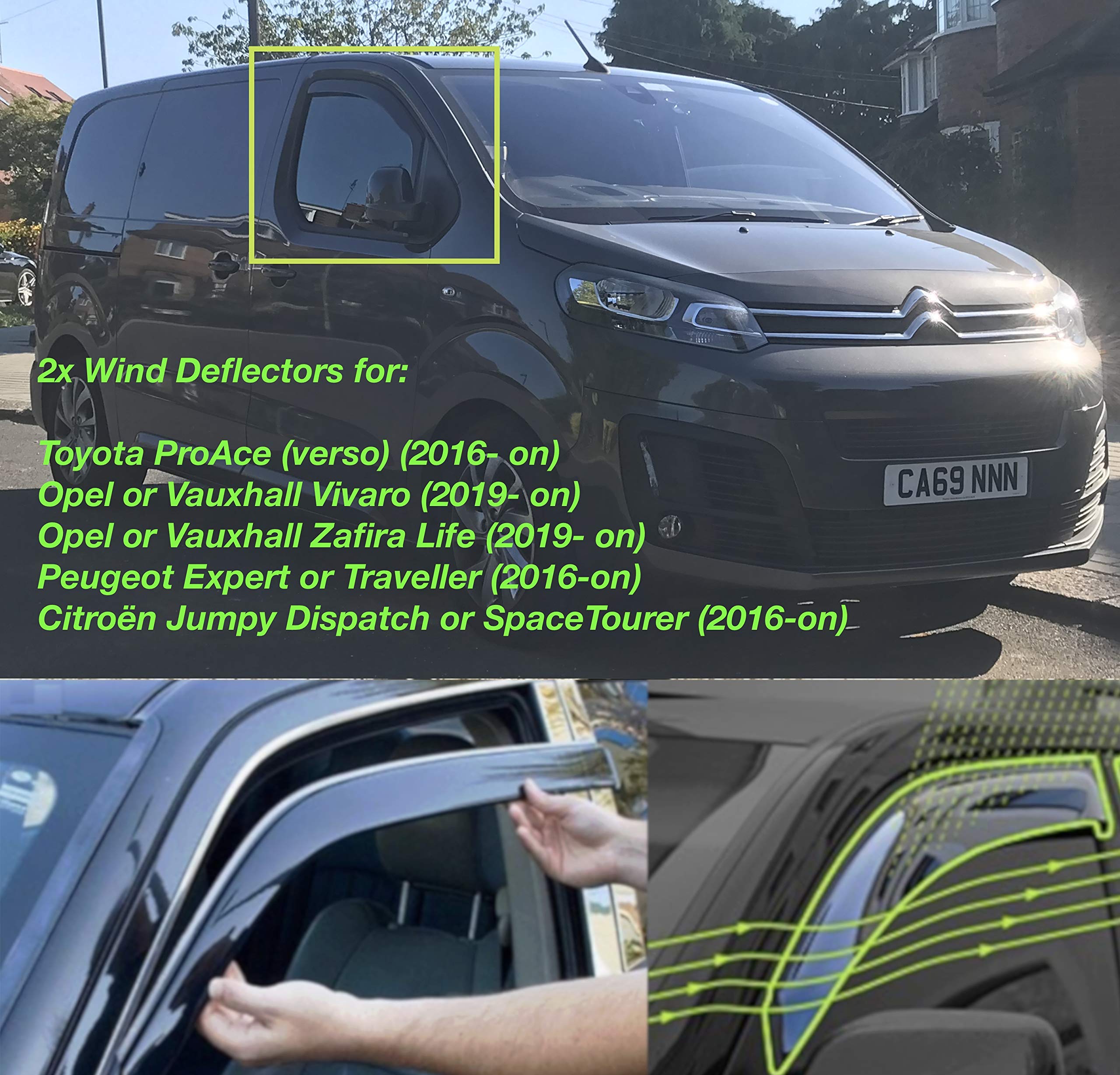 2 Wind Deflectors made for Citroen Dispatch Jumpy SpaceTourer Peugeot Expert Traveller Toyota ProAce (Verso) Vauxhall Vivaro Zafira Life 2016 2017 2018 2019 2020 2021 2022 Rain Guard Sun Visor