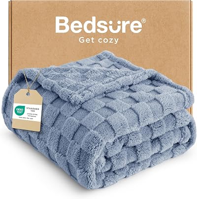 Bedsure Fleece Throw Blanket Sofa Blue 127x152 cm Checkered Shaggy Sherpa