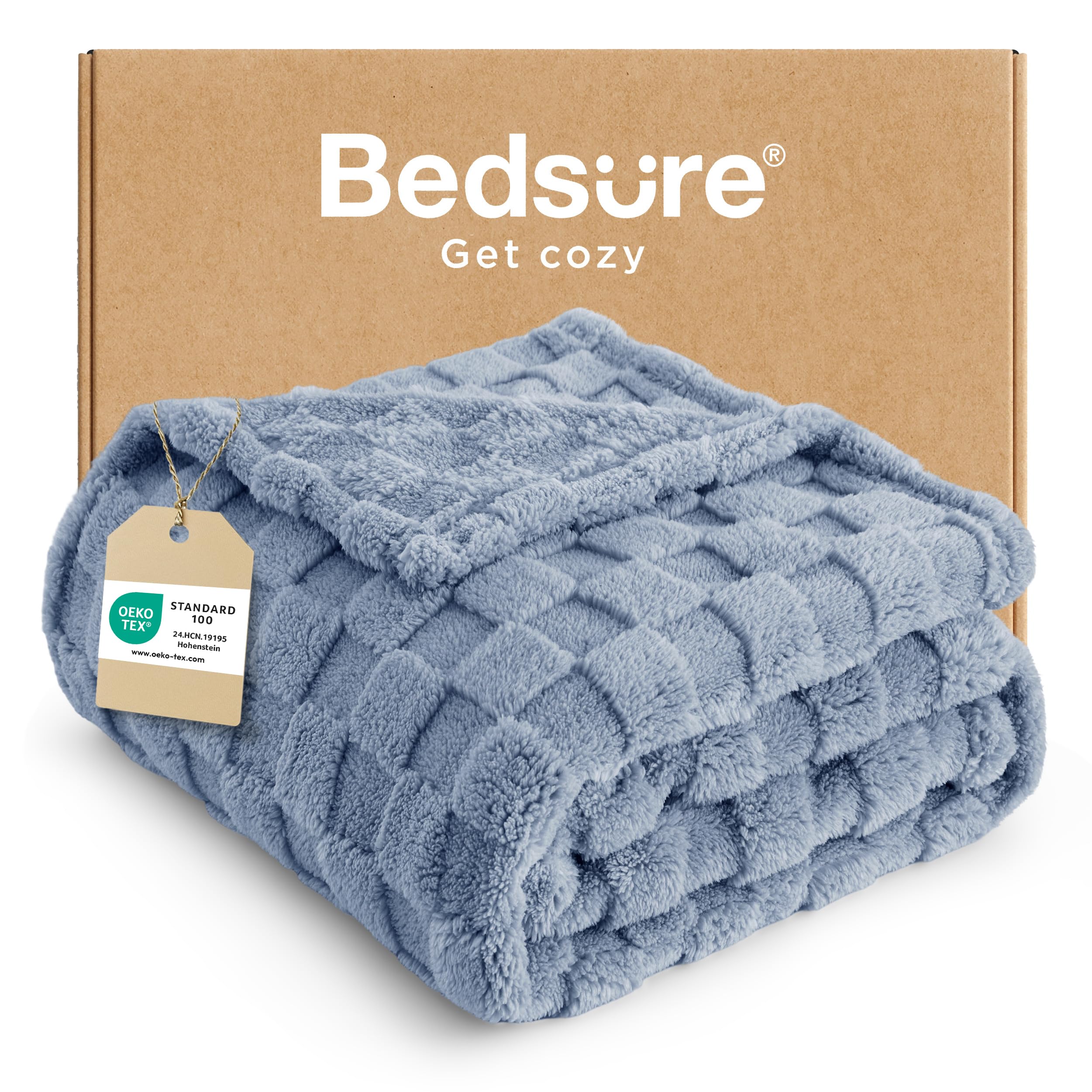 Bedsure Fleece Throw Blanket for Sofa - Soft Cosy Checkered Blankets for Women and Girls, Fluffy Warm Single Throw for Bed, Blue, 127x152 cm
