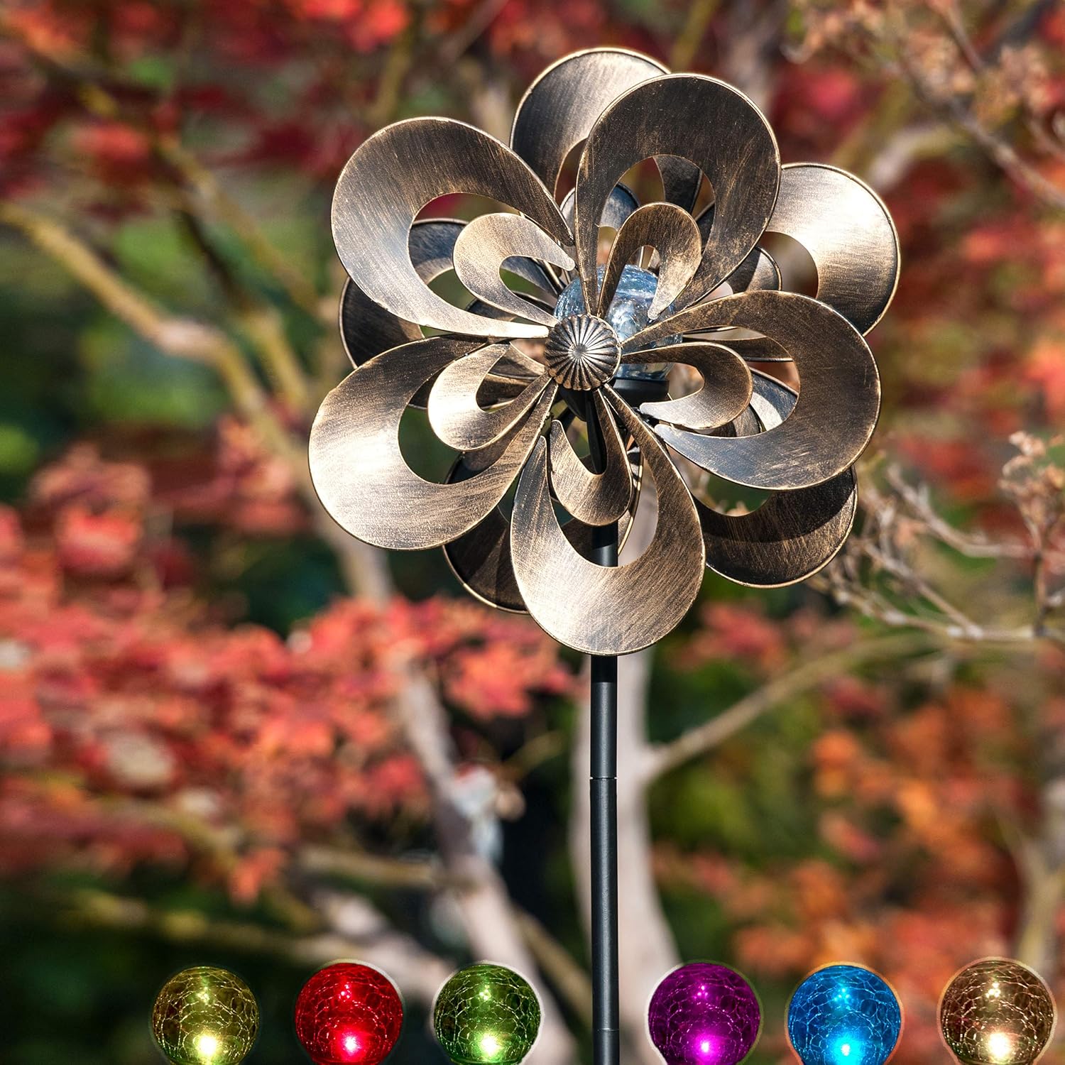 SteadyDoggie Solar Wind Spinner Magnolia Multi-Color Seasonal LED Lighting Solar Powered Glass Ball with Kinetic Wind Spinner Dual Direction for Patio Lawn & Garden : Garden & Outdoor