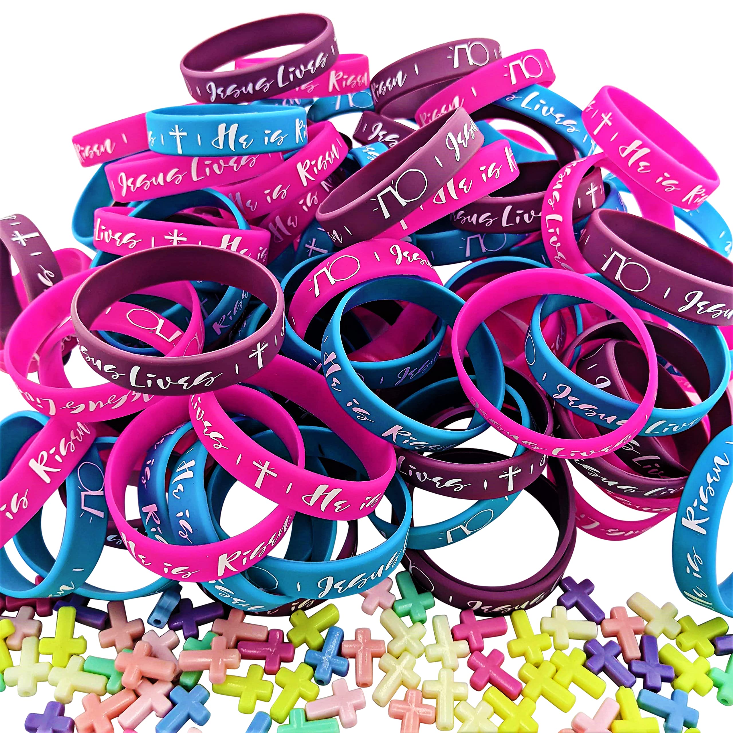 Yabber Easter Filler Egg Set | 50 Pack | ALIVE Edition | Silicone Bracelets - [Sizes - Small 2yr-12yr] Wrist (50) | Mini Cross Pendant (50) | Sticker (50)