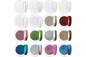 Artdone 16Jars Chrome Nail Powder Magic White Pearl Kit Mirror Effect Silver Metallic Holographic Dip Nail Powder for Resin Craft & Nail Art Fimo, Decoration Iridescent Aurora Mermaid Pigment