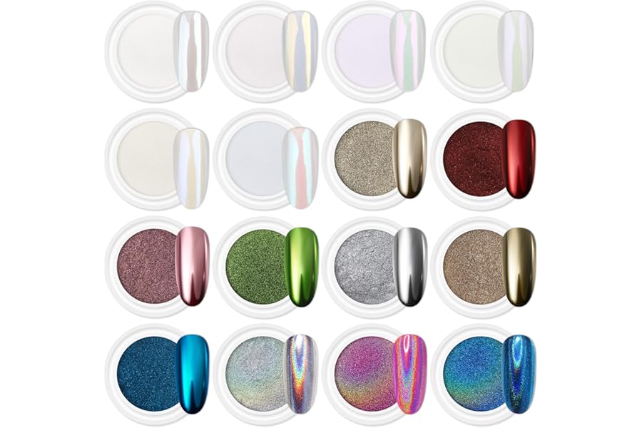 Artdone 16Jars Chrome Nail Powder Magic White Pearl Kit Mirror Effect Silver Metallic Holographic Dip Nail Powder for Resin Craft & Nail Art Fimo, Decoration Iridescent Aurora Mermaid Pigment