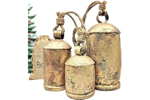HIGHBIX Set of 3 Giant Harmony Cow Bells Huge Vintage Shabby Chic Handmade Rustic Lucky Christmas Hanging XL Bells On Rope Country Rustic (Extra Large)
