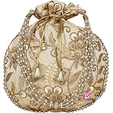 Potli Bag for Women Ethnic Gold, Pearl Handle Floral Accents, Drawstring Closure Pearls Handle Batwa Clutch Purse