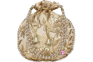 EKAVYA Potli Bag for Women Ethnic Gold, Pearl Handle Floral Accents, Drawstring Closure Pearls Handle Batwa Clutch Purse