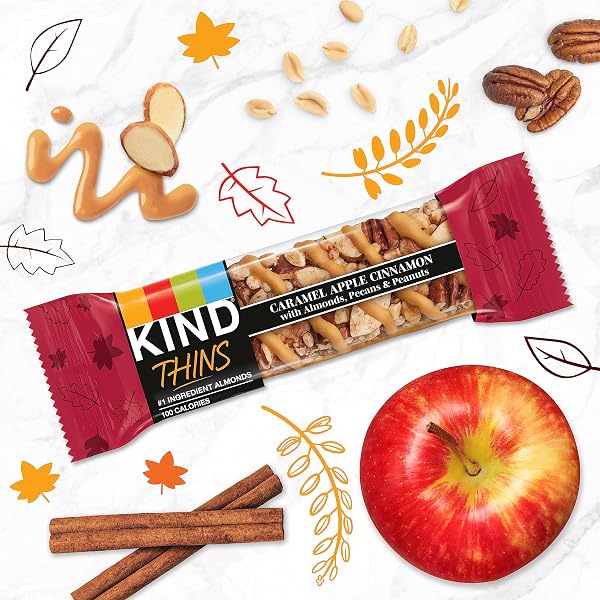 KIND THINS SNACK BARS, CARAMEL APPLE CINNAMON, GLUTEN FREE, LOW CALORIE, HEALTHY SNACKS, 5G SUGAR, 10 COUNT