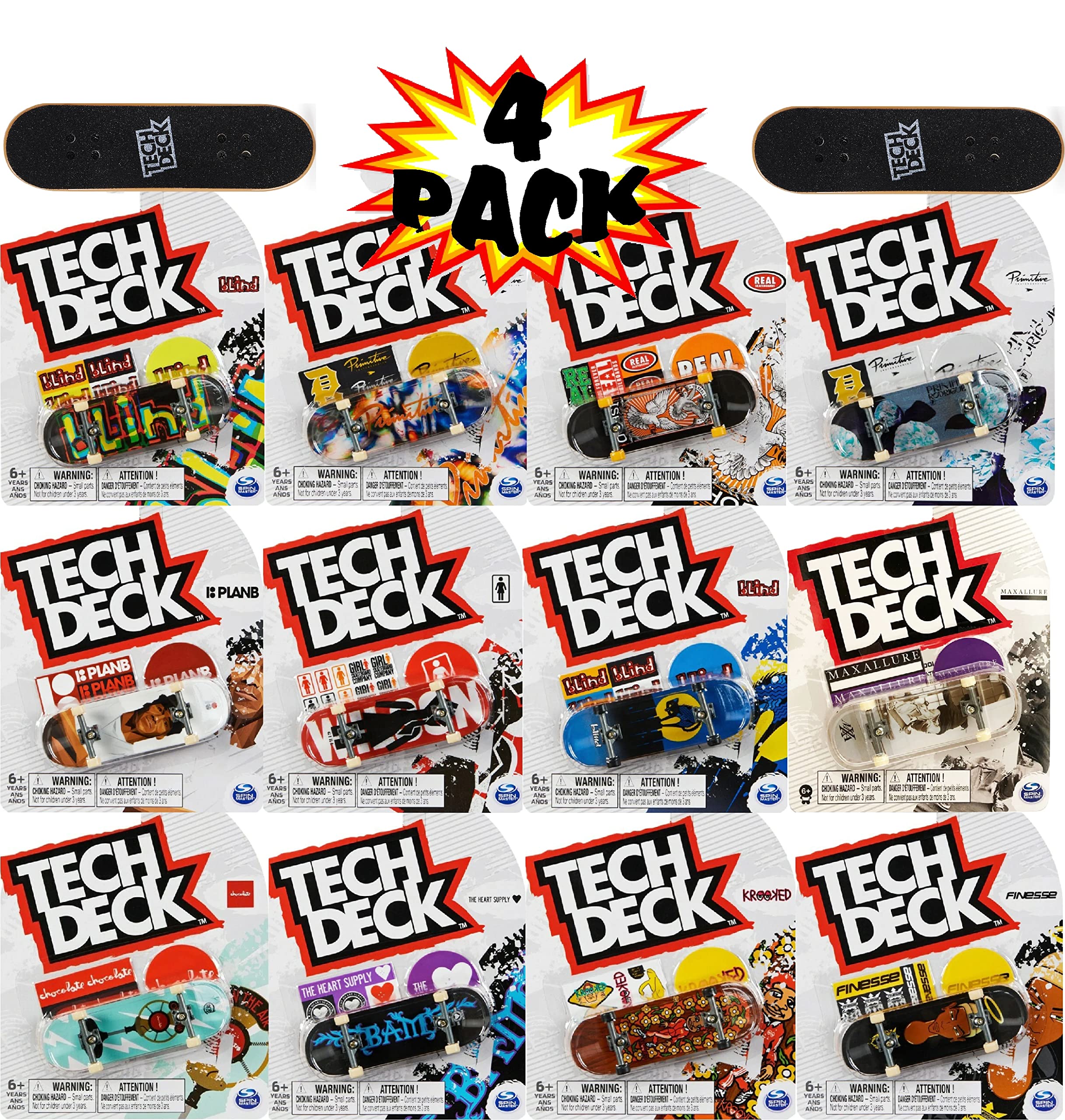 TECH DECK 96mm Individual Fingerboards Bundle with Matty's Toy Stop Storage Bag - Pack of 4 (Assorted Styles)