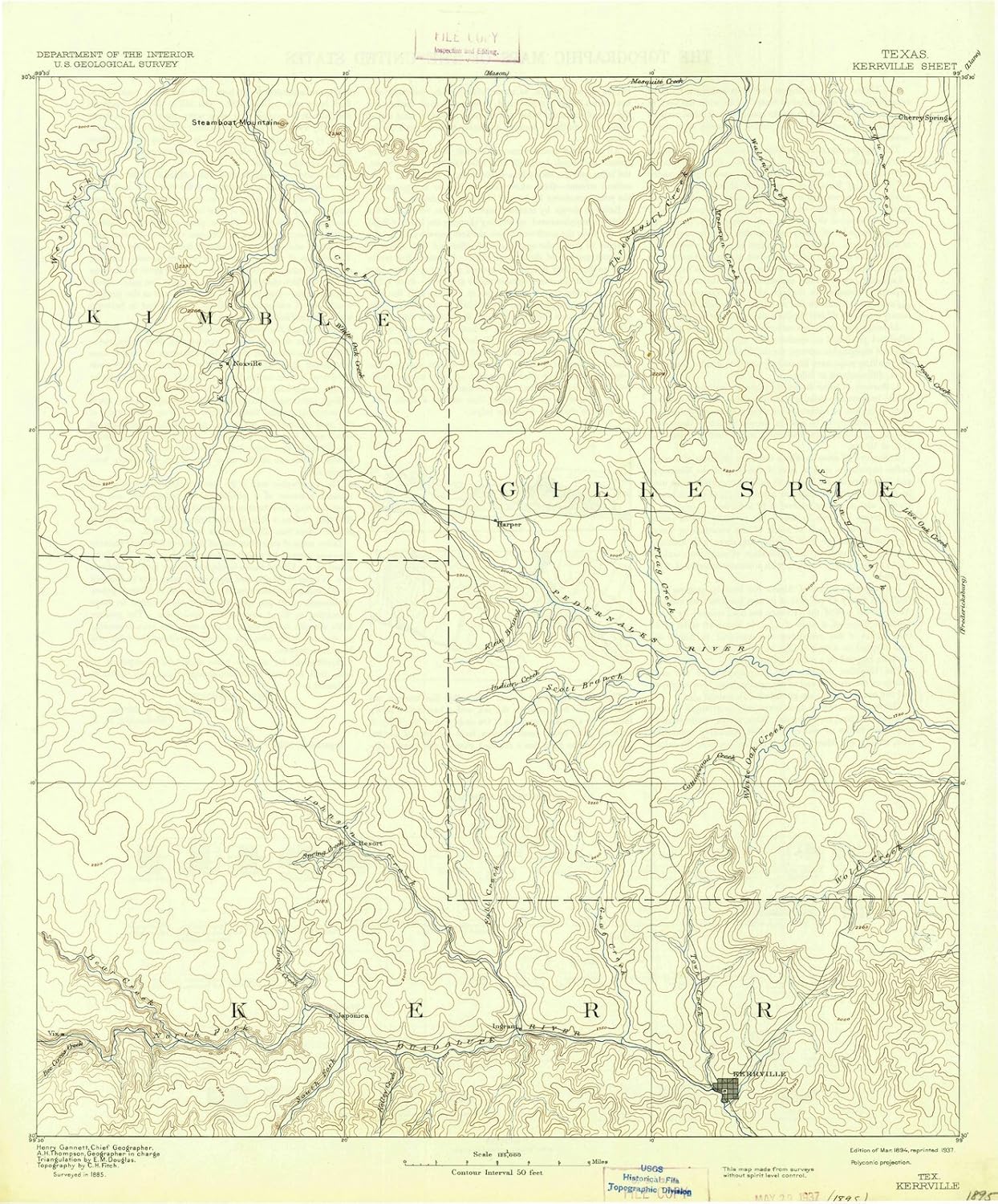 Texas Maps 1894 Kerrville, TX USGS Historical Topographic Wall Art 18in x 24in