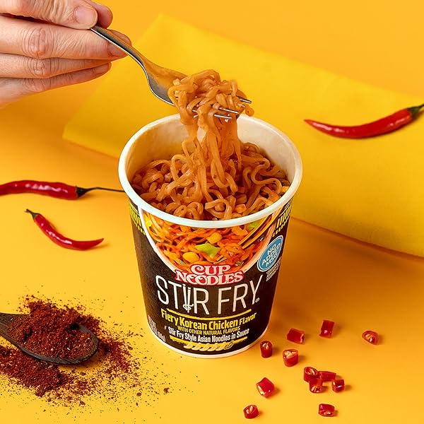 NISSIN CUP NOODLES STIR FRY NOODLES IN SAUCE, FIERY CHICKEN, 2.96 OUNCE (PACK OF 6)