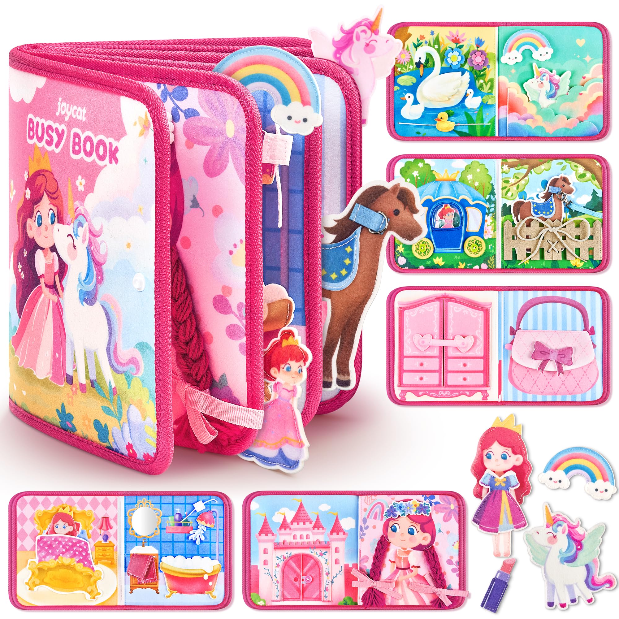 JoyCat Princess Busy Book for Toddlers 1-3, Travel Toy with Dress-Up, Unicorn & Castle Play, Quiet Montessori Toy Activity Book for Fine Motor Skills, Birthday Gift for Girls