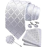 GUSLESON 3.15"(8cm) Mens Tie and Lapel Pin Plaid Checkered Necktie Hankerchief Cufflinks Set for Men