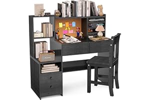 RUPOLX Black Kids Desk and Chair Set for 5-12 Year Old, Childrens Computer Desk with Storage Shelf, Kids Study Table with 4 Drawers