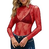 MEROKEETY Womens 2026 Mesh Sheer Lace Long Sleeve Top Sexy Y2k Mock Neck See Through Shirt Blouses