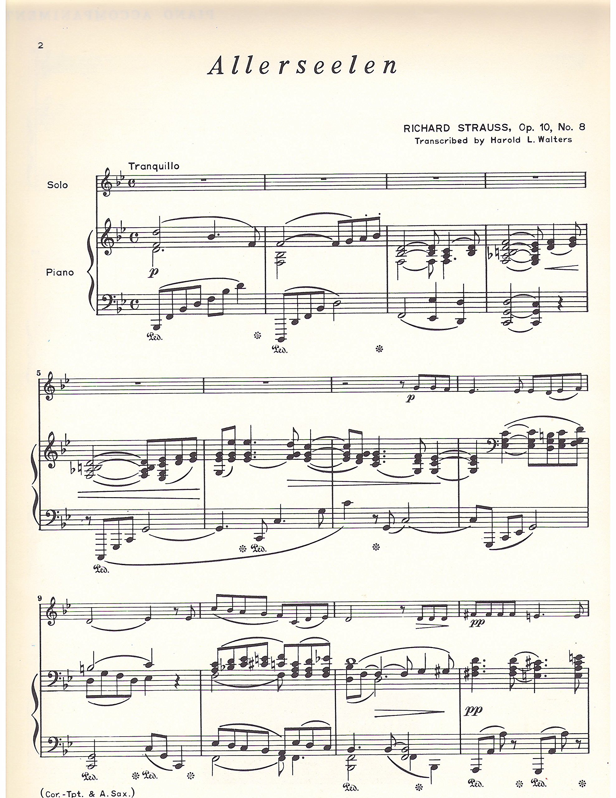 Amazon Com Allerseelen Op 10 No 8 Eb Alto Saxophone Solo With Piano Accompaniment Richard Strauss Harold L Walters Books