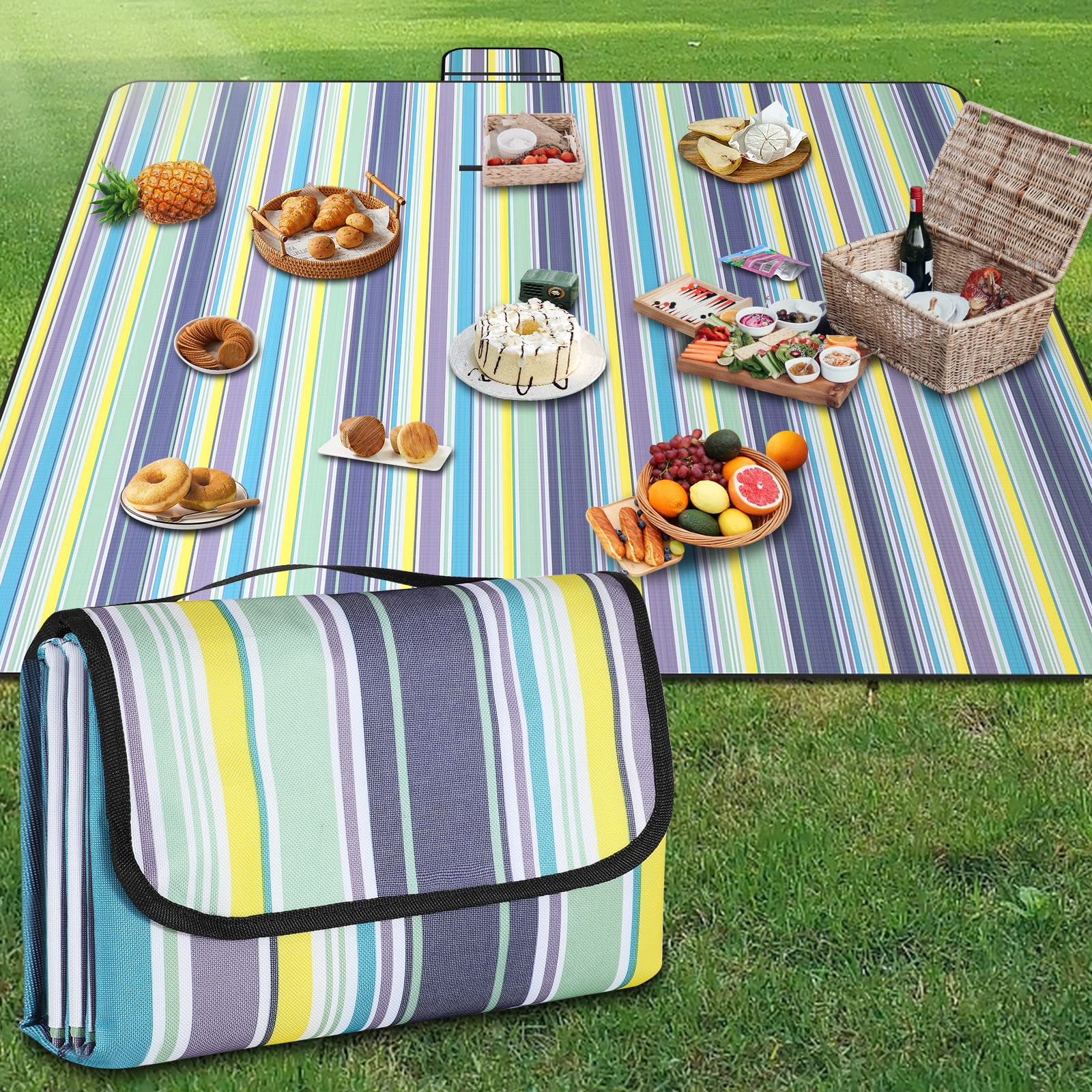 GUSUWU Picnic Blanket Waterproof Beach Rug 200×300cm Picnic Mat Washable Lightweight With Handle Blue Vertical Stripes Suitable for Hiking Travel Outdoor Camping, Park