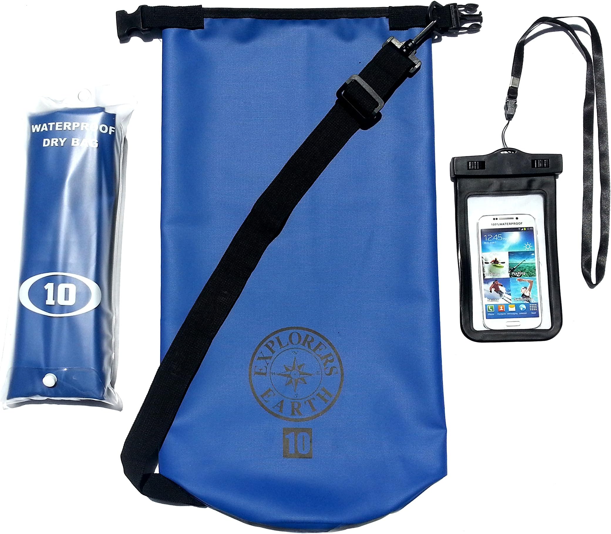 Explorers Earth Rugged & Tough Waterproof Dry Bag 10L Dry Sack with Shoulder Strap, Bonus Cell Phone Waterproof Bag & a Storage Bag - Heavy Duty Thermal Welded Marine Grade 500D Tarpaulin Dry Bags