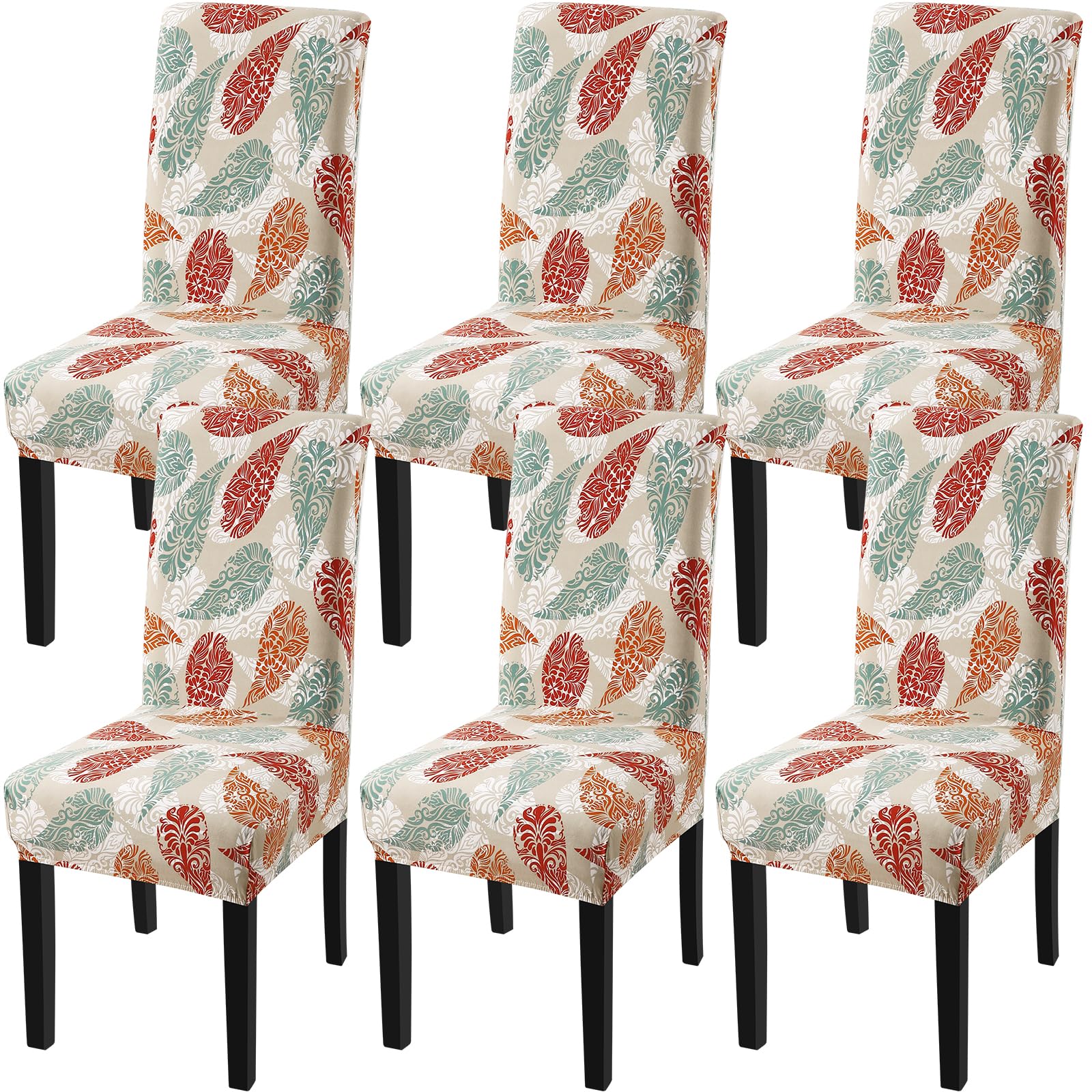Fuloon Chair Covers for Dining Room 6 Pack, Printed Stretch Dining Slipcovers, Washable Kitchen Slip Covers for Parson Chair, Color Leaves Printed, Set of 6 Image