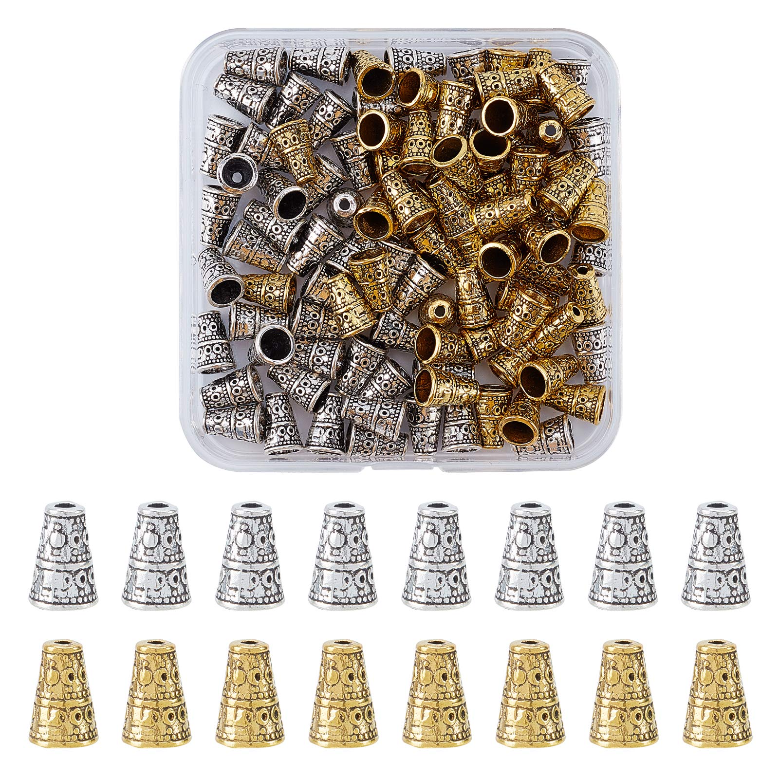 SUPERFINDINGS 100PCS 2 Colors Tibetan Style Bead Cone Alloy Bead End Caps Antique Spacer Beads Caps Cone for DIY Jewelry Making, 10x7mm, Hole: 2mm