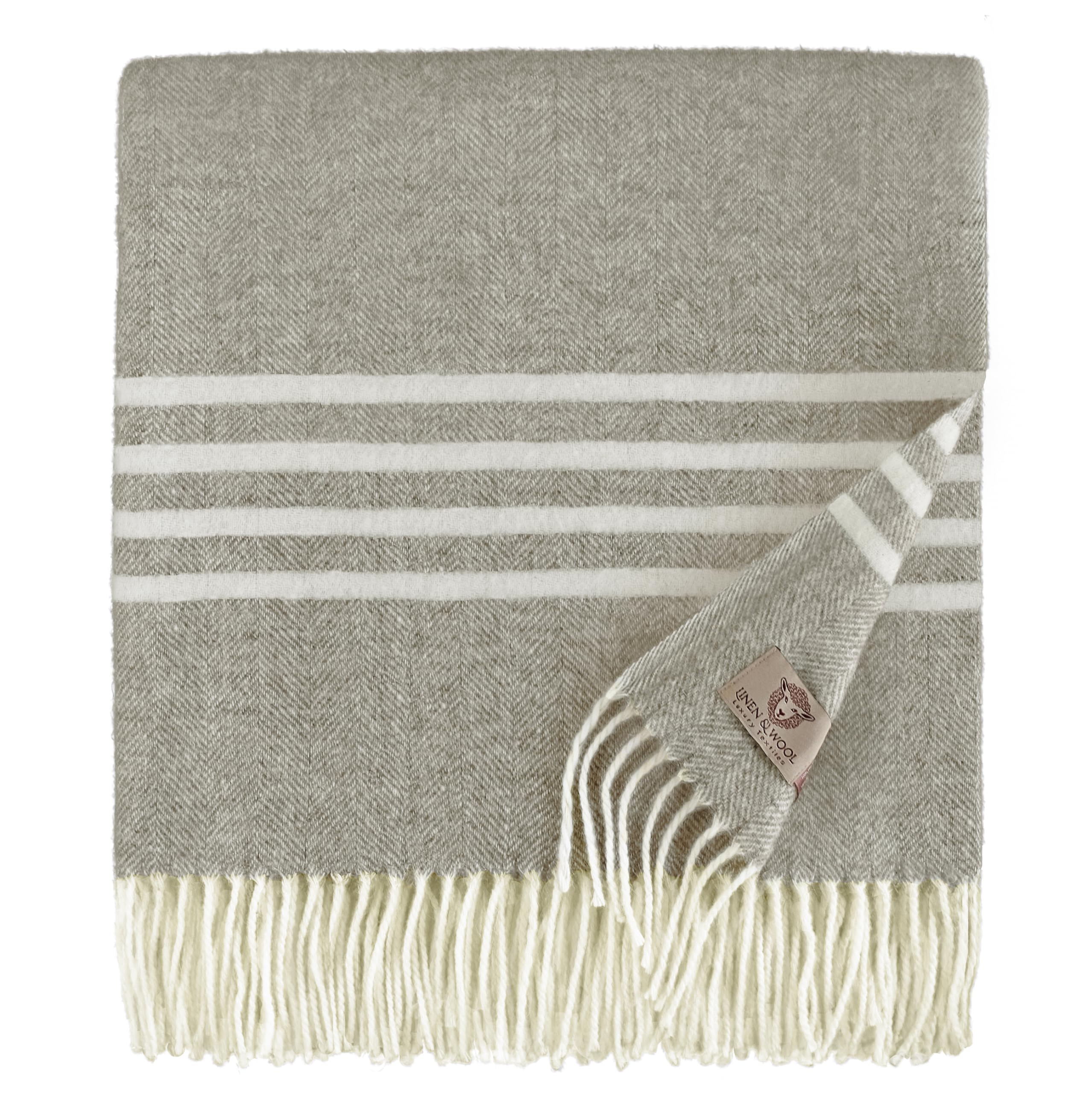 Linen & Cotton Extra Soft Light Throw/Blanket Brooklyn - 100% Fine Merino Wool, Brown/Natural (140 x 200cm) Warm Plaid for Sofa Bed Couch Settee Bedspread Single Double Lambswool