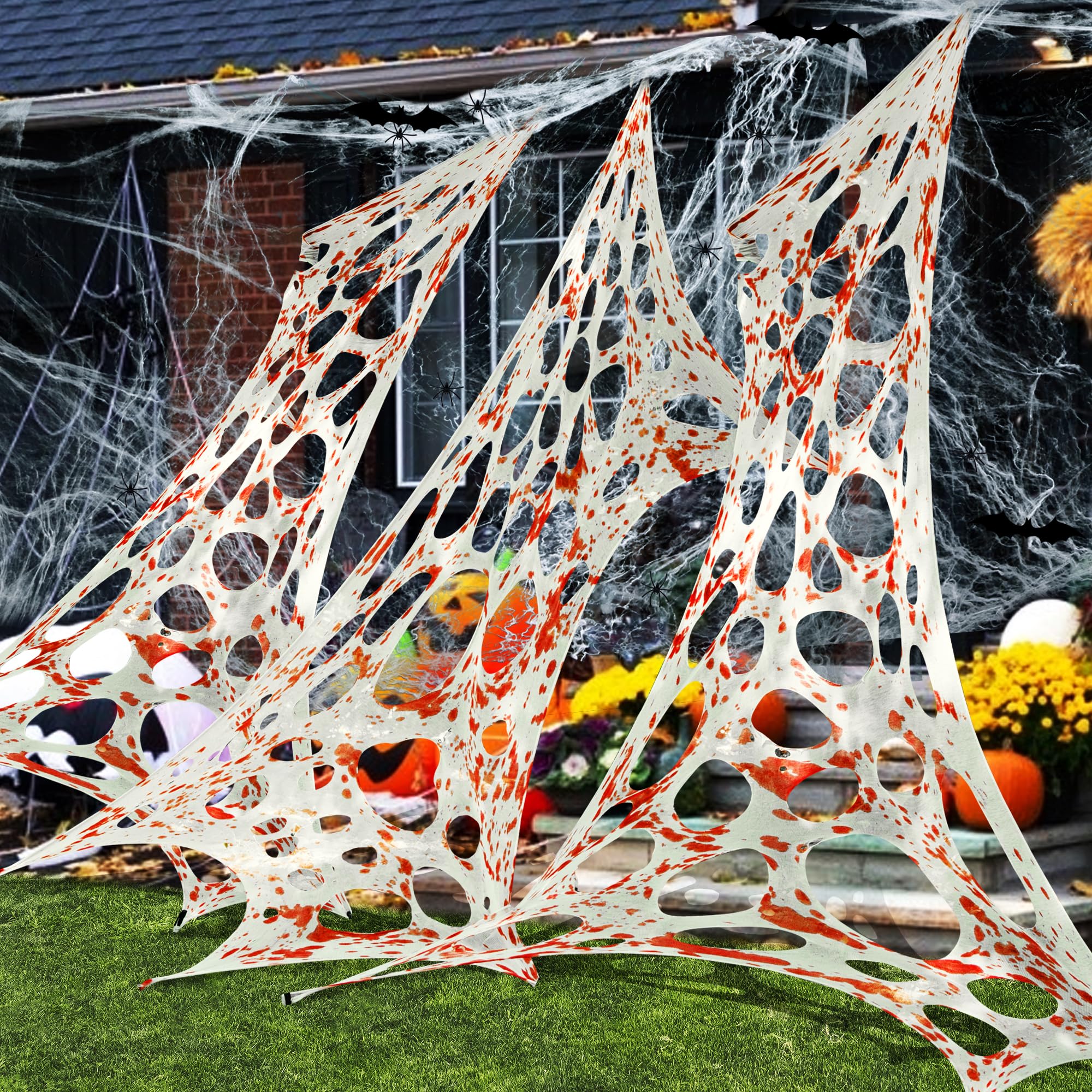 Photo 1 of 1360 Sqft Cuttable Stretchy Spider Web Halloween Decoration, Bloody Giant Outdoor Beef Netting Halloween Spider Webs, DIY Spooky Gauze Cobweb Fake Spiders Bats for Yard Garden Party Decor (472" x 39")