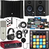 Focusrite Scarlett 2i2 4th Gen USB-C Audio Interface Full Studio Bundle with Eris 3.5 Monitors ATOM Pad Controller Condenser Microphone Headphones Isolation Shield Boom Stand Pop Filter and Cables