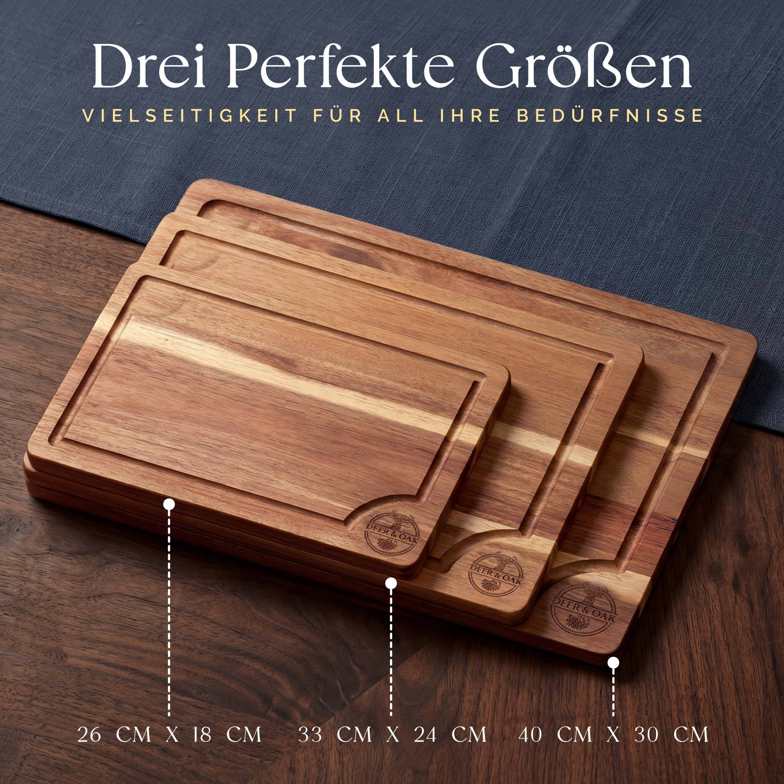 Deer & Oak 3-teiliges Akazien-Schneidebrett-Set mit Ständer, inklusive 250 ml Schneidebrettöl, FSC-zertifizierte, vorgeölte Schneidebretter aus Holz für Küchen, Hartholz-Küchenschneidebretter für 5