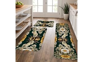 Bee Floral Kitchen Mats for Floor, Vintage Botanical Soft Mats, Spring Cushioned Comfort Washable Non Slip Decor Rugs for Kit