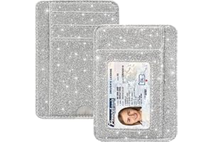 HOTCOOL Card Holder Wallet Front Pocket Minimalist Travel Cute Funny Thin Leather With RFID Blocking Small Credit Card Holder Wallet for Men & Women Girls Organizer Gifts, Glitter Silver
