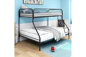 HomJoones Heavy Duty Metal Bunk Bed Twin Over Full Size, Heavy Duty Floor Bunk Beds Frame with Enhanced Upper-Level Guardrail (Black)