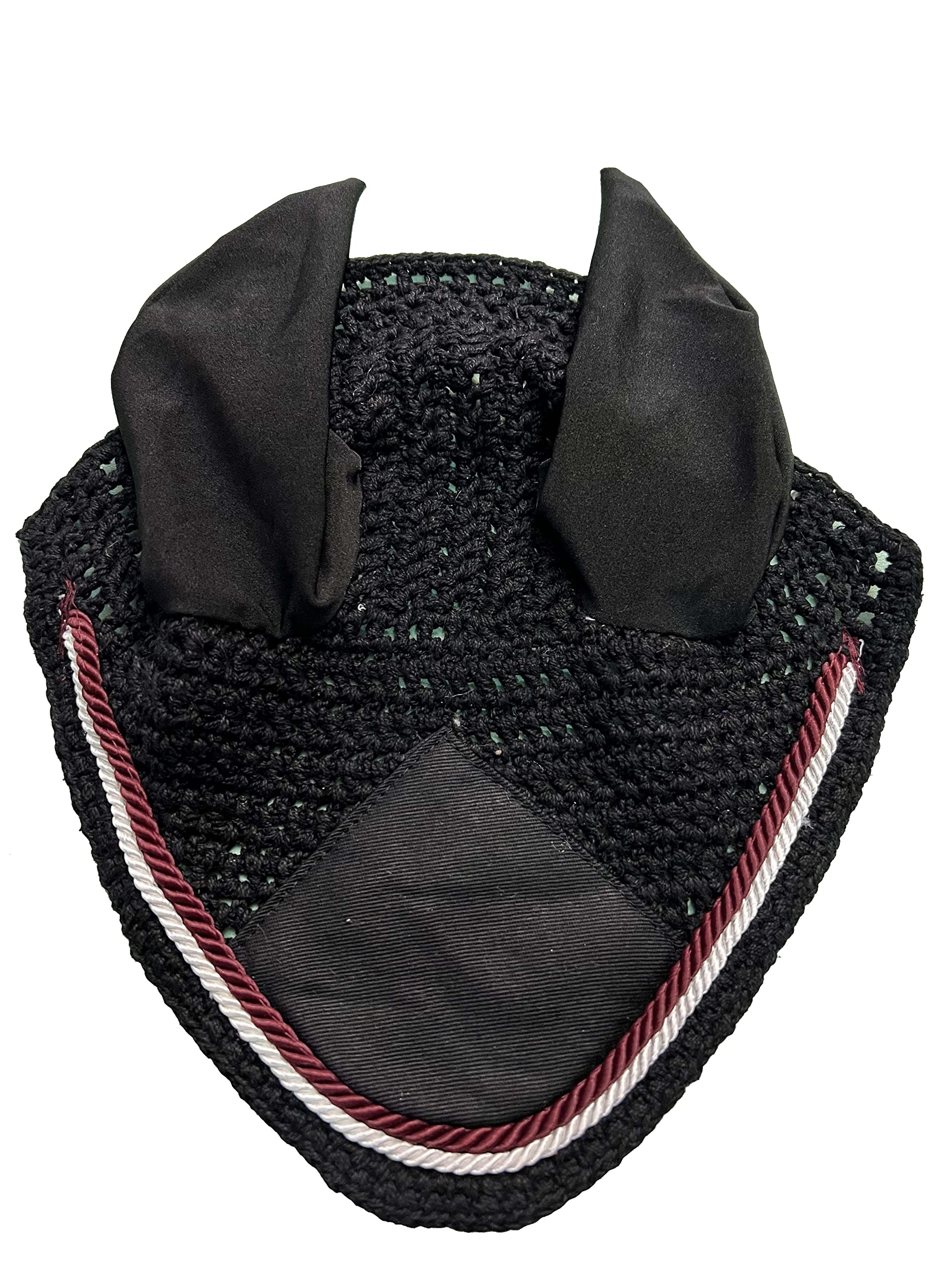 Spire Horse Soft Crochet Fly Veil Breathable Cotton Ear Net Hood Horse fly Control Masks Protector Bonnets (Pony, Black/burgundy-white)