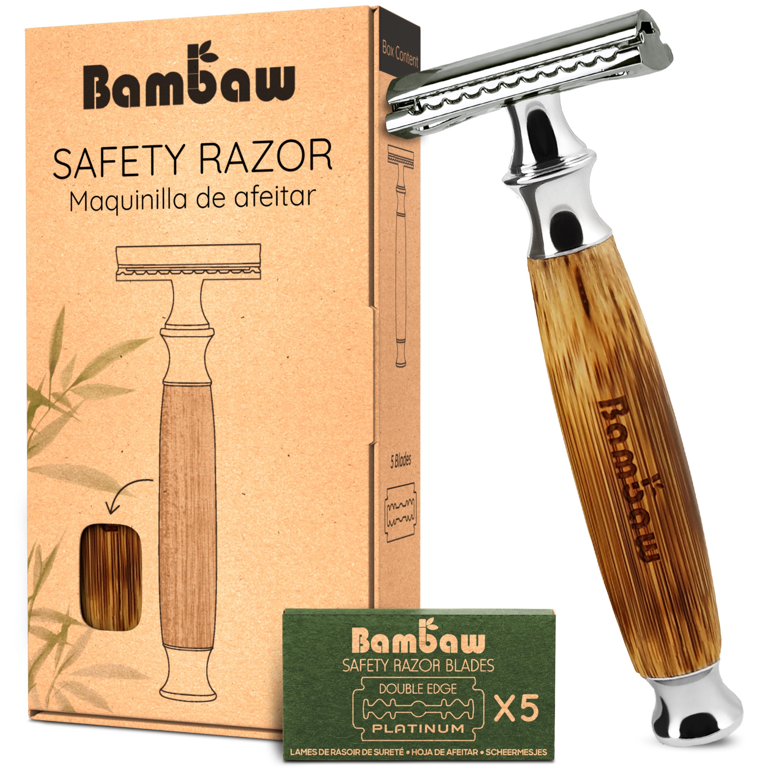 Photo 1 of Bambaw Double Edge Safety Razor for Men & Women, Double Edge Razor with 5 Blades, Eco-Friendly Safety Razors, Reusable & Plastic Free – Thick Bamboo Silver