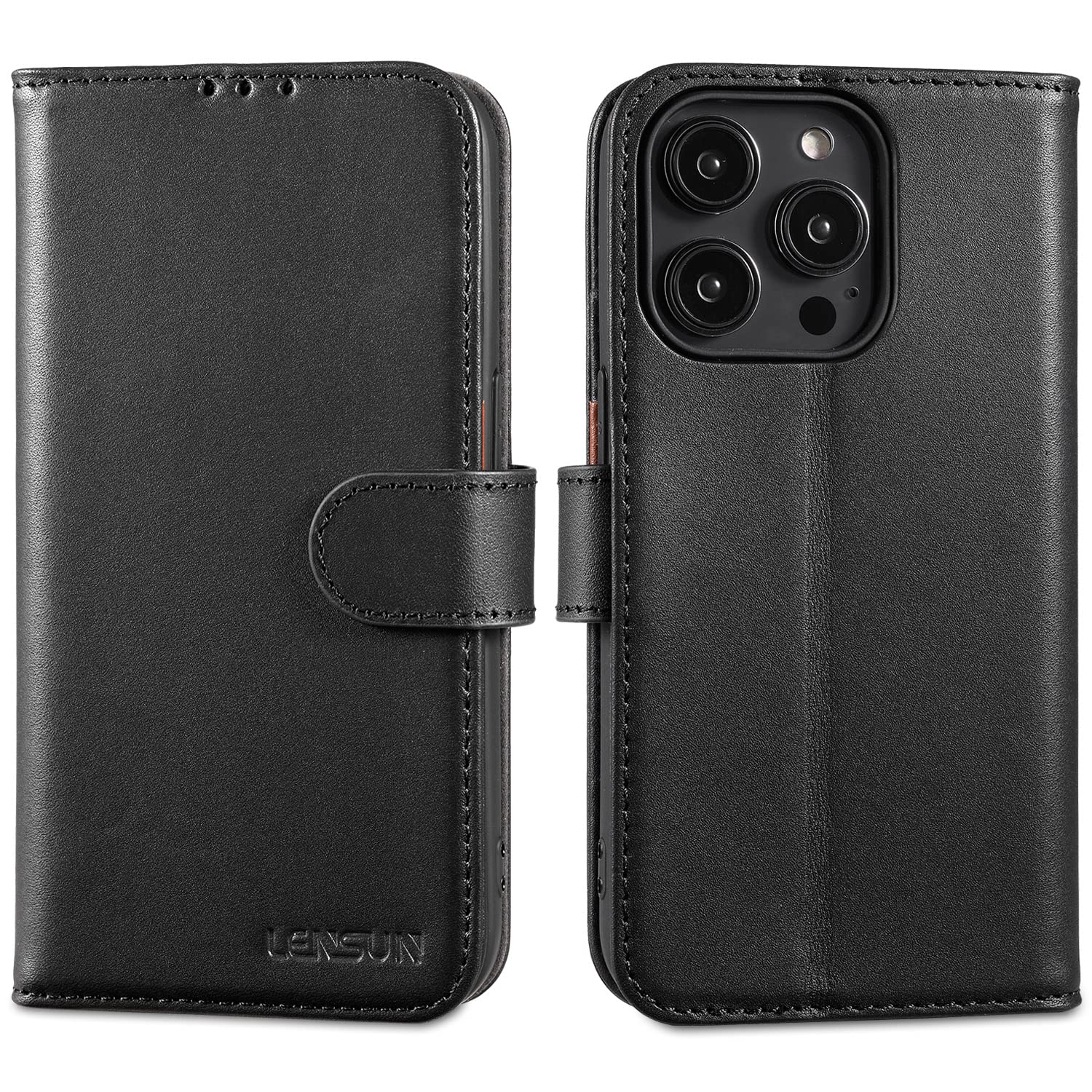 LENSUN Flip Case for iPhone 14 Pro 5G, Genuine Leather Phone Cover Wallet [RFID Blocking] with Card Holder and Magnetic Closure Compatible with Apple iPhone 14 Pro - Black