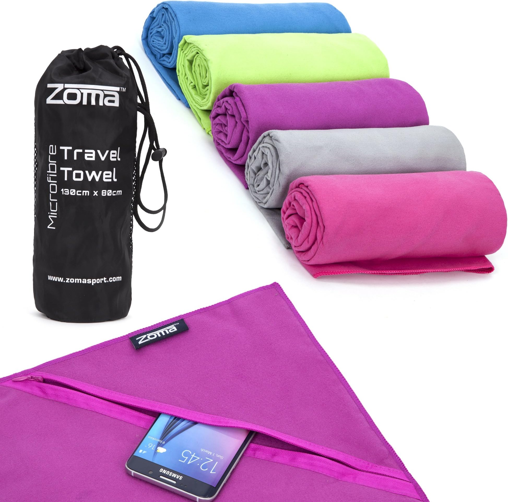 Microfibre Towel with Handy ZIPPER POUCH Holds Keys or Phone. Perfect for Travel, Workouts, Beach, or Camping! Take to the Gym, Pool, Yoga, Pilates, etc. Lightweight, Absorbent, and Dries FAST! 100% Money-Back Guarantee of Satisfaction! …