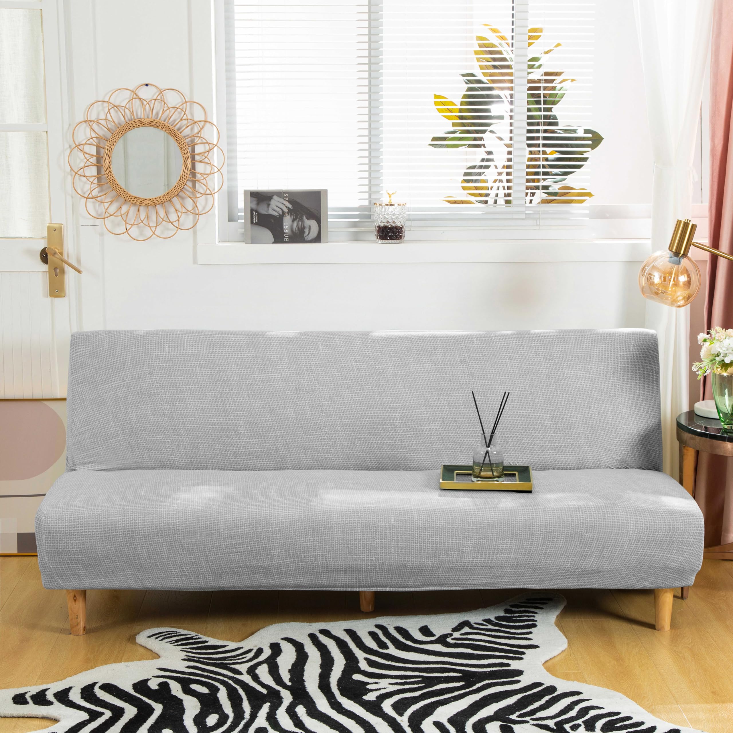 Armless Sofa Bed Cover Spandex Stretch Print Futon Slipcover Non-slip Folding Armless Sofa Cover Seat Couch Protector Fits for 2-3 Seater Folding Sofa Bed without Armrests, 180-210cm (Printed 10)