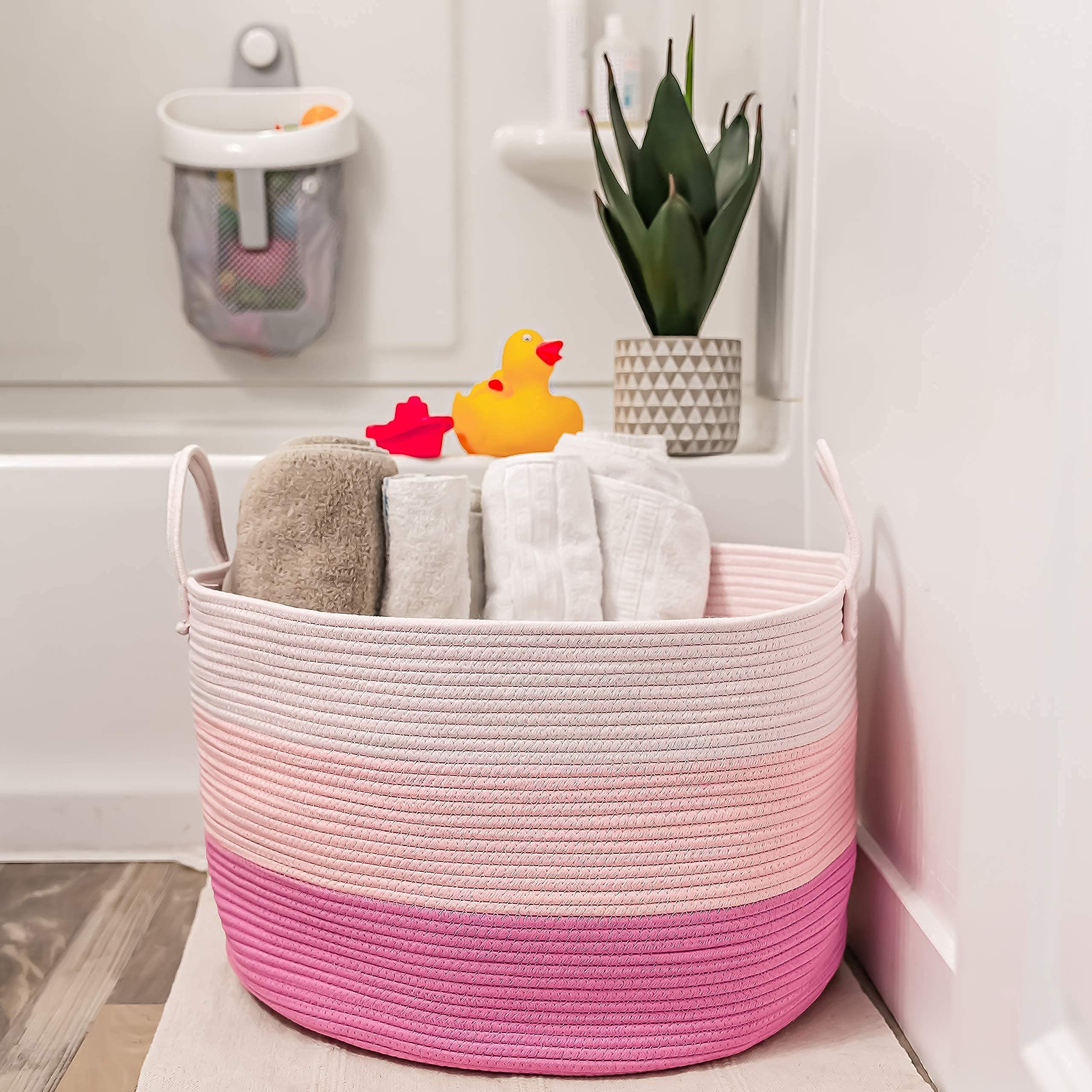 OrganiHaus Toy Storage Basket for Kids, Large Cotton Rope Organizer Bin for Nursery, Toy Box, Blanket Holder, Baby Hamper for Living Room, Soft & Washable, 20x13 inches - Pink