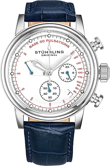 Stuhrling Original Herrenuhr aus Leder für Herren Chronograph Pulsometer - Edelstahlgehäuse - Analoges Zifferblatt mit Datums