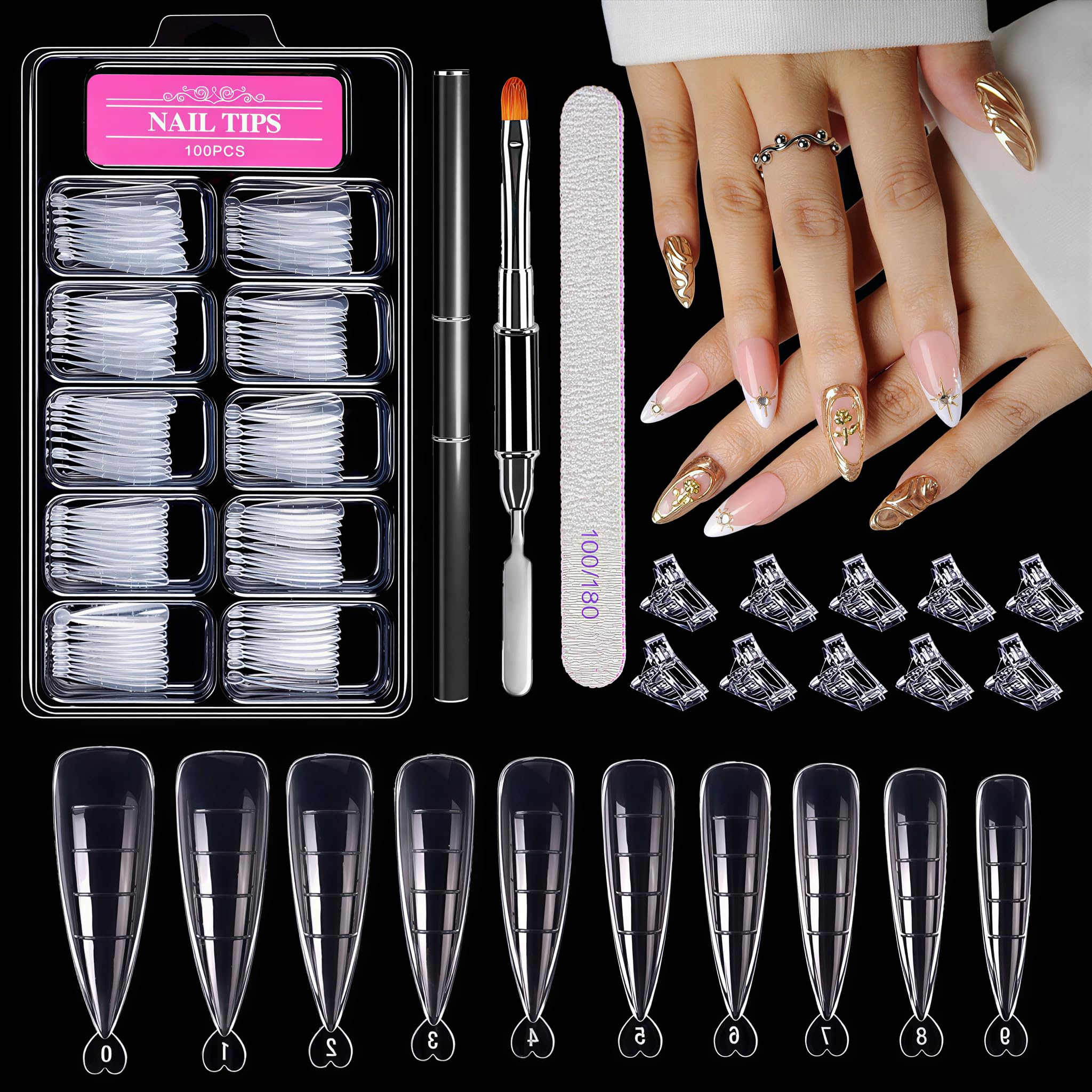 Esshogo Dual Shapes for Nails, 100 Pieces Dual Nail Forms Set, Stiletto Tips for Nails, Nail Tips, Dual Tips Nails, Nail Extension, with Dual-Ended Nail Brush, 10 Nail Tip Clips and Nail File