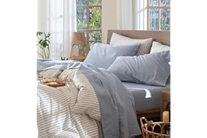 MooMee Bedding Sheet Set 100% Washed Cotton Linen Like Textured Breathable Durable Soft Comfy (Heathered Cornflower Blue, Queen)